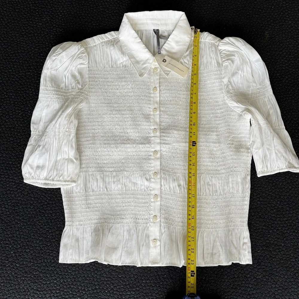 Anthropologie Smocked Puff Sleeve Blouse Womens Large Ivory Ruffle Romantic Boho